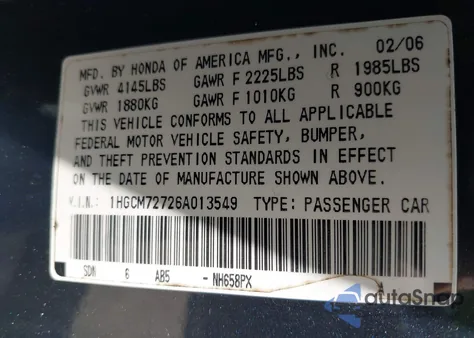 2006 Honda Accord 2.4 Ex from USA, damaged, VIN 1HGCM72726A013549